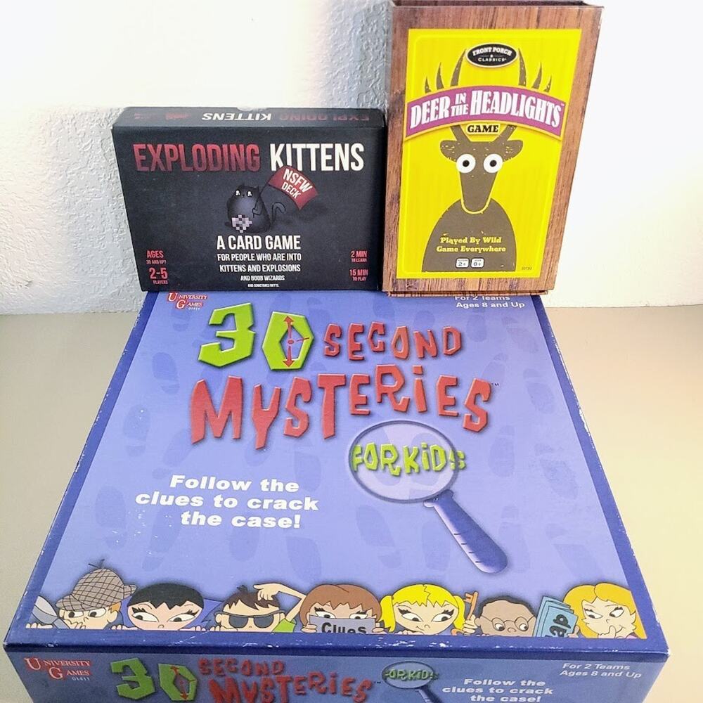 Family Game Lot of 3 - 30 Sec Mysteries, Exploding Kittens, Deer in Headlights